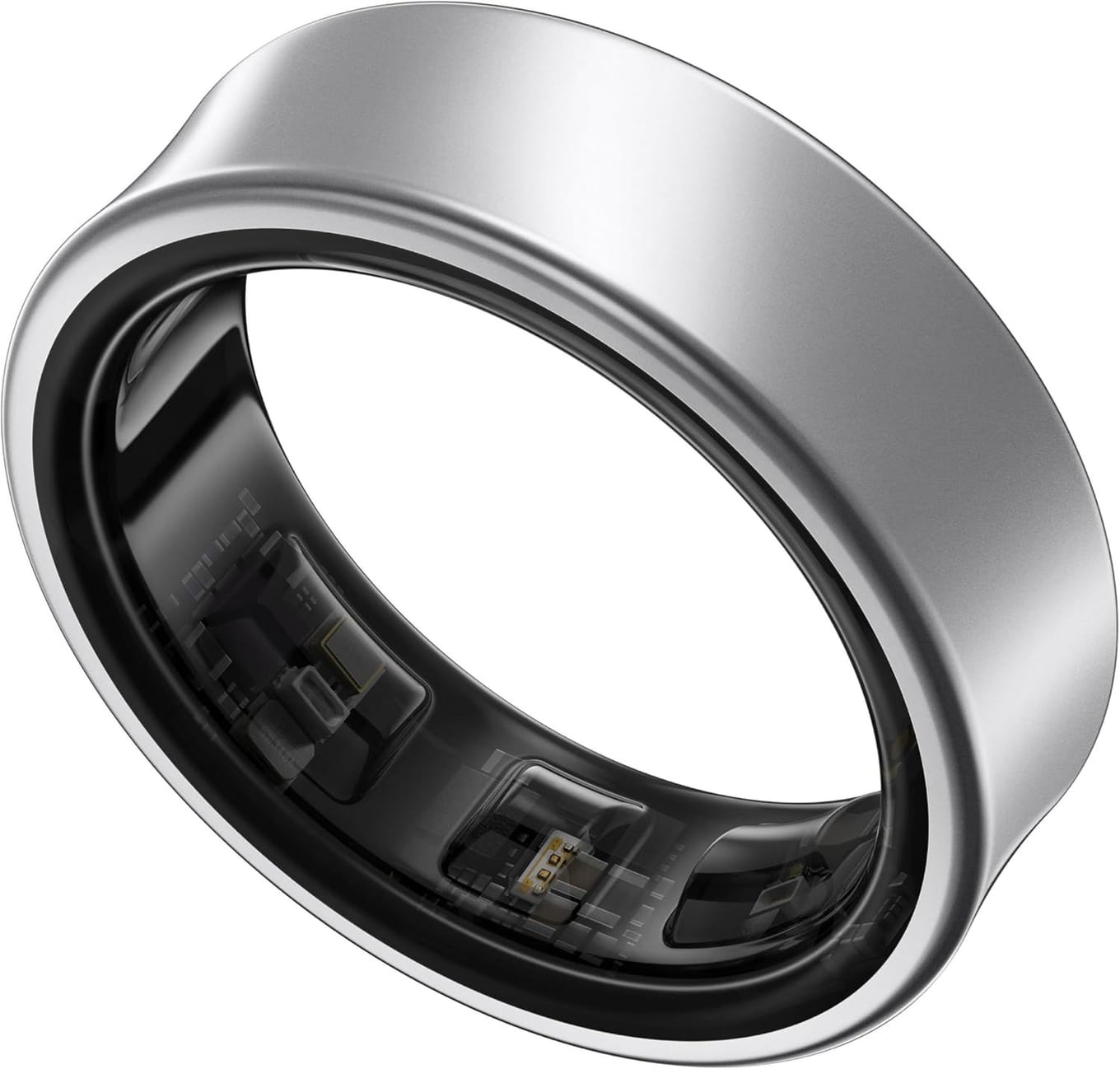 Samsung Galaxy Ring in titanium silver showing its concave titanium band and inner sensors