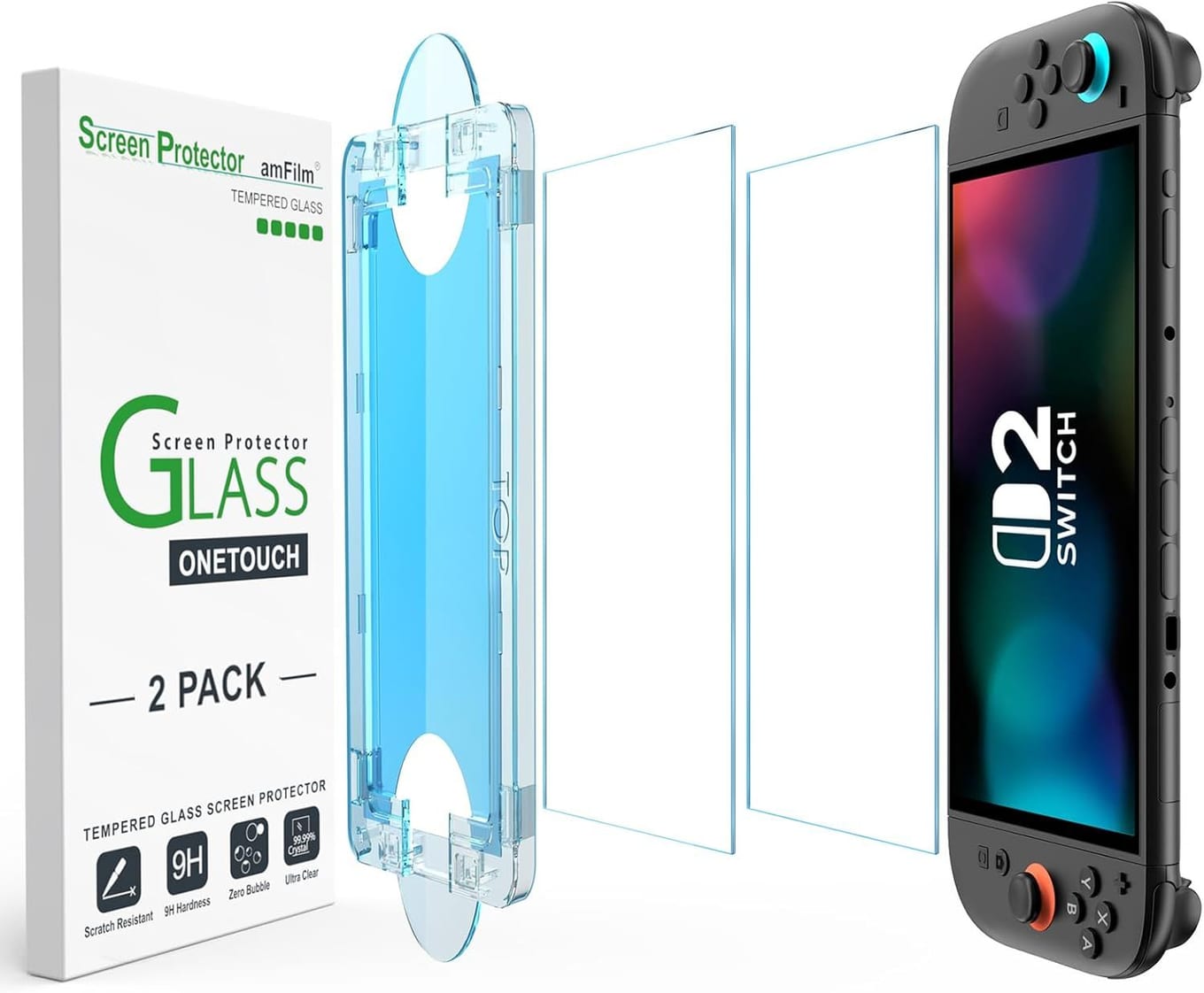 amFilm OneTouch tempered glass 2-pack with auto-alignment tray for Nintendo Switch 2