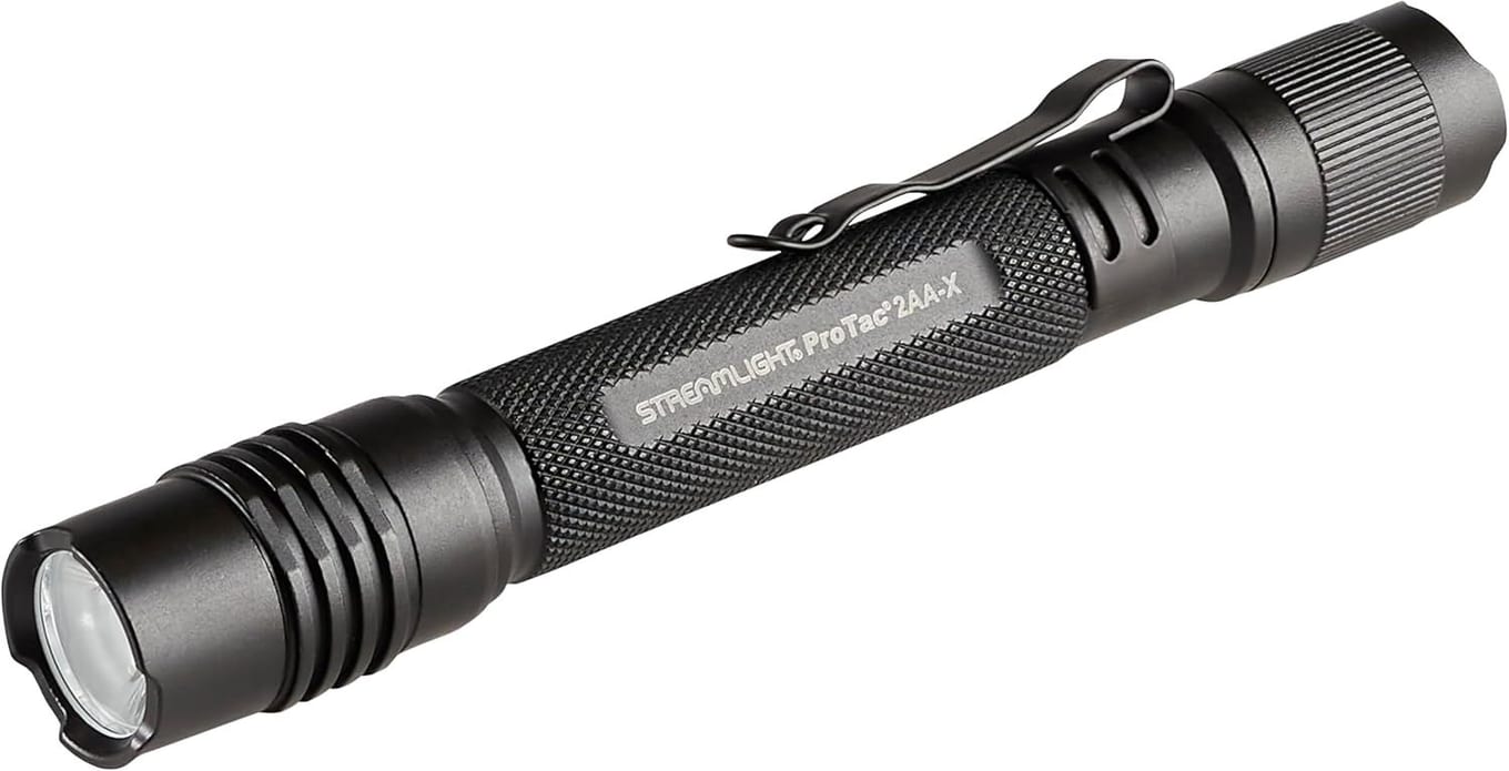 Streamlight ProTac 2AA-X compact black tactical flashlight with anti-roll head and pocket clip