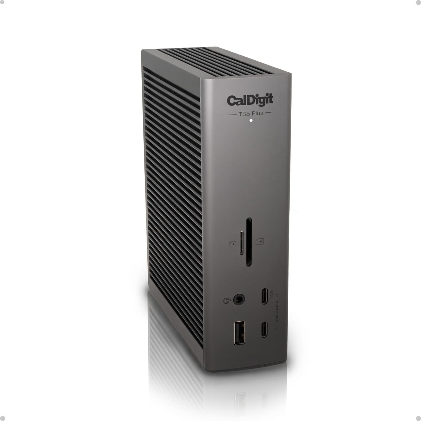 CalDigit TS5 Plus Thunderbolt 5 dock in space black with 20 ports across the front and rear panels