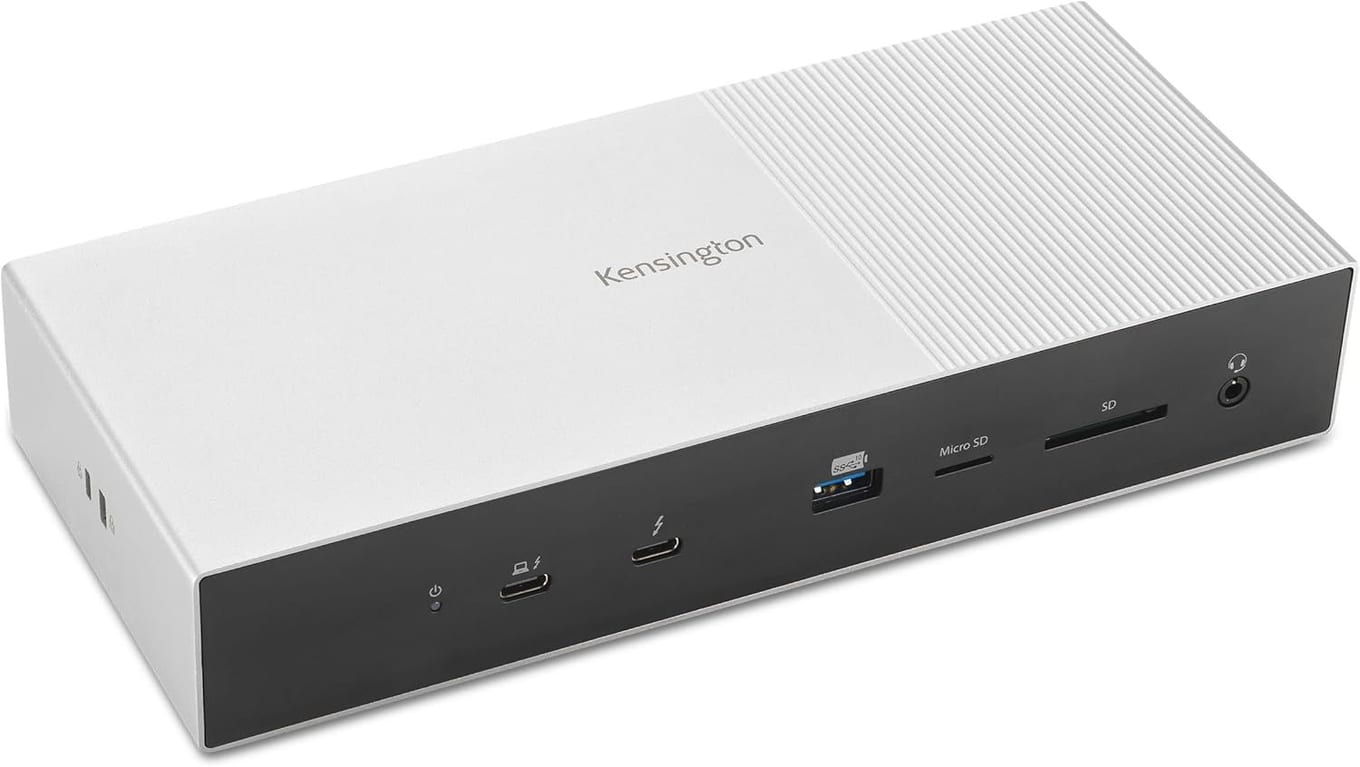 Kensington SD5000T5 Thunderbolt 5 docking station in silver, a slim horizontal aluminum dock