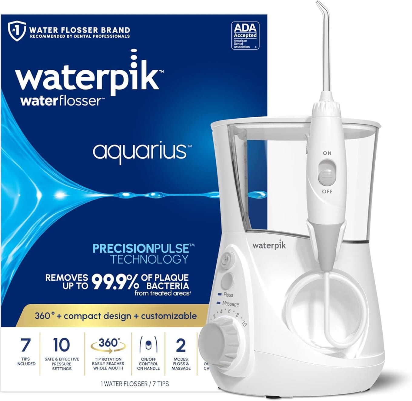 Waterpik Aquarius WP-660 white countertop water flosser with 22oz reservoir, ADA Accepted seal, and pointed flossing tip