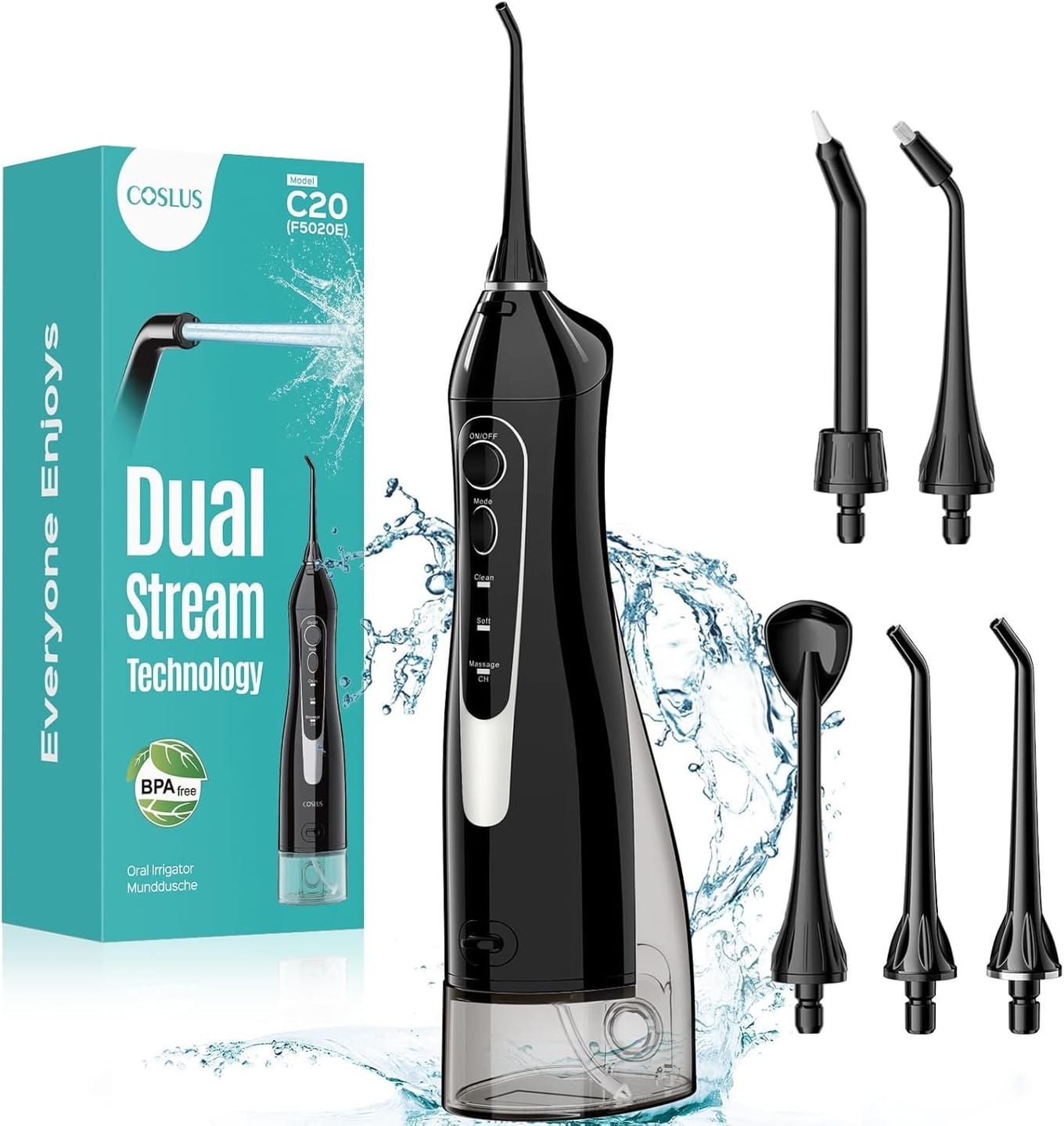 COSLUS C20 black cordless water flosser with Dual Stream technology, detachable 300ml reservoir, and five interchangeable nozzles