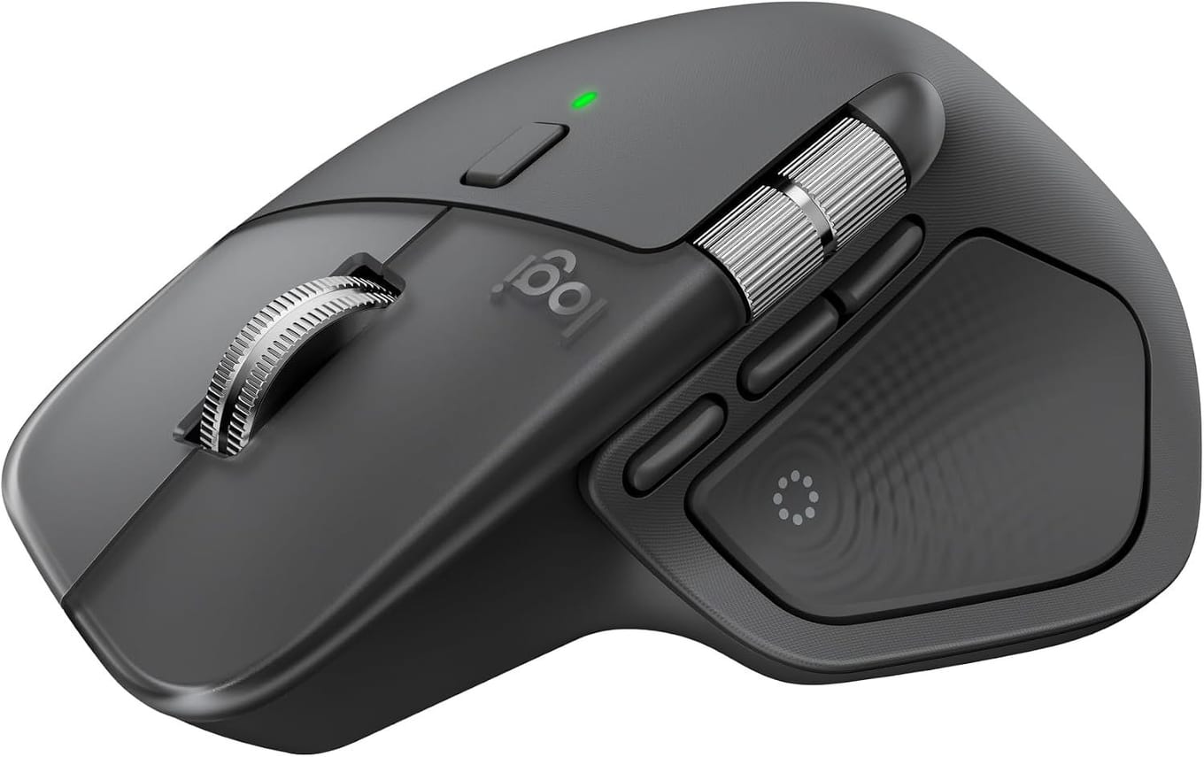 Graphite Logitech MX Master 4 mouse from above, with its metal scroll wheel, a metal thumb wheel and side buttons, and a large thumb panel marked with a ring icon