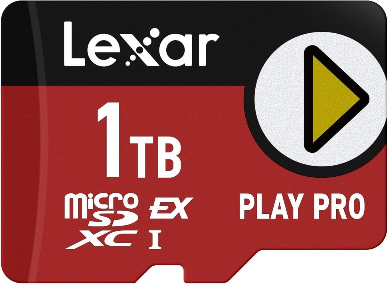 Red and black Lexar PLAY PRO microSD card seen from the front, with the Lexar wordmark on the black upper band, a yellow play triangle in a white circle at the right, 1TB in large white figures on the red body and the microSDXC EX I logo beside PLAY PRO along the bottom