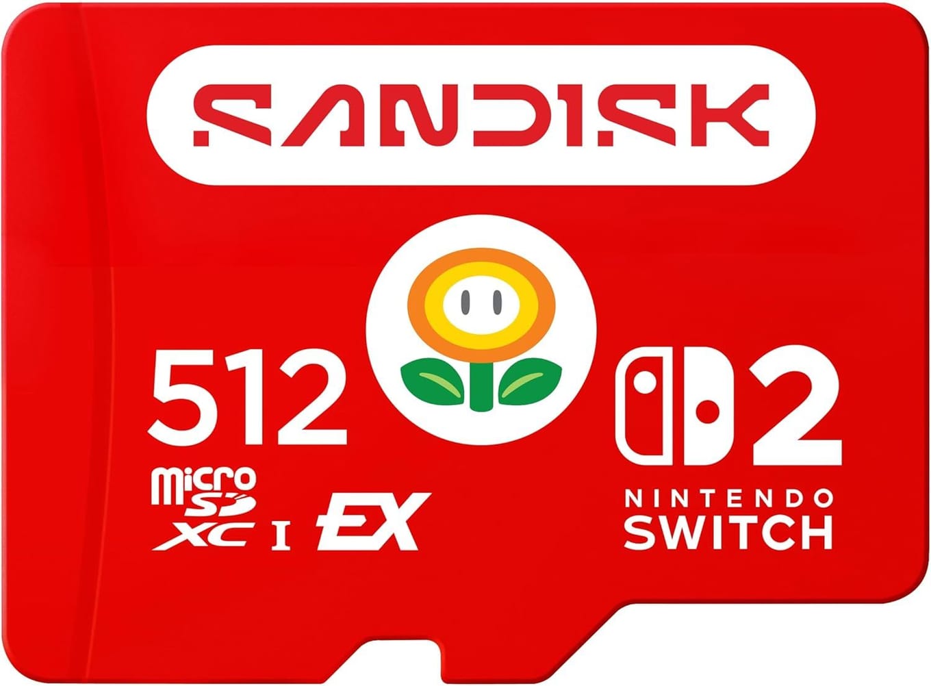 Red SanDisk microSD card seen from the front, with the SANDISK wordmark reversed out of a white lozenge at the top, a cartoon fire-flower icon in a white circle in the middle, 512 in large white figures and the microSDXC I EX marks at the left, and the Nintendo Switch 2 logo at the right