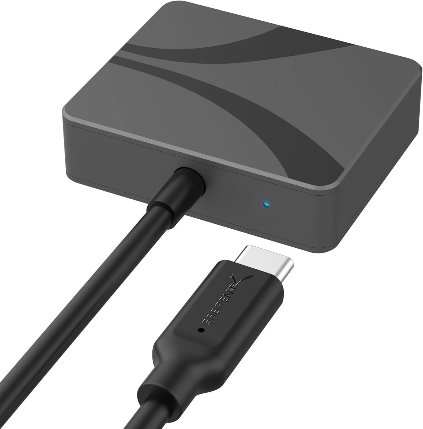 Dark grey Sabrent EC-NE30 enclosure with a curved stripe across its lid, a blue light on its front edge and its attached cable ending in a USB-C plug