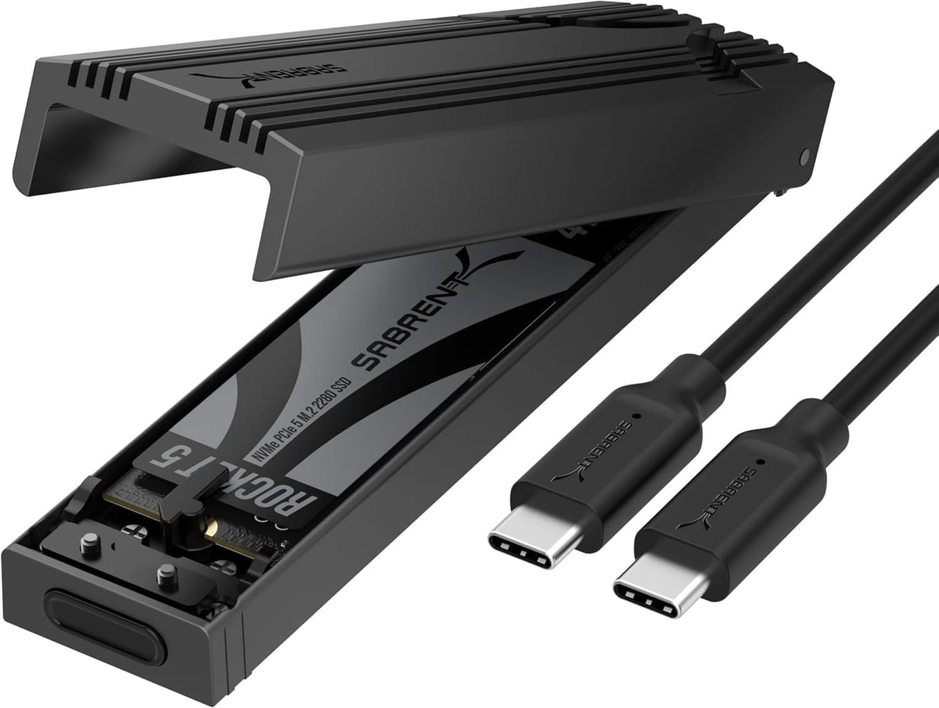 Charcoal Sabrent EC-PNVO enclosure with its ribbed cover flipped open over an M.2 SSD, beside a USB-C to USB-C cable