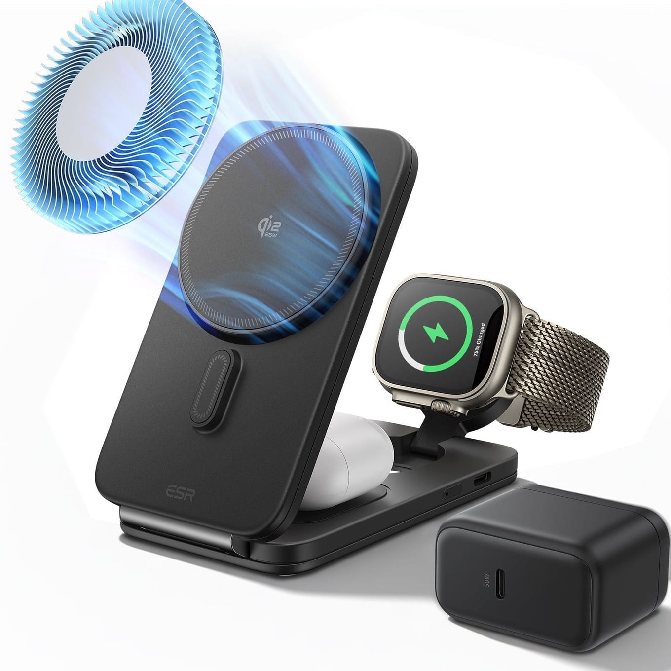 ESR CryoBoost Qi2.2 25W 3-in-1 foldable magnetic charging station with cooling fan