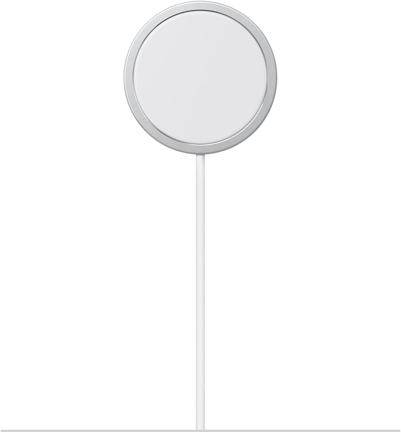 Apple MagSafe Charger: a white charging puck with a silver metal rim and a white braided cable running straight down from it