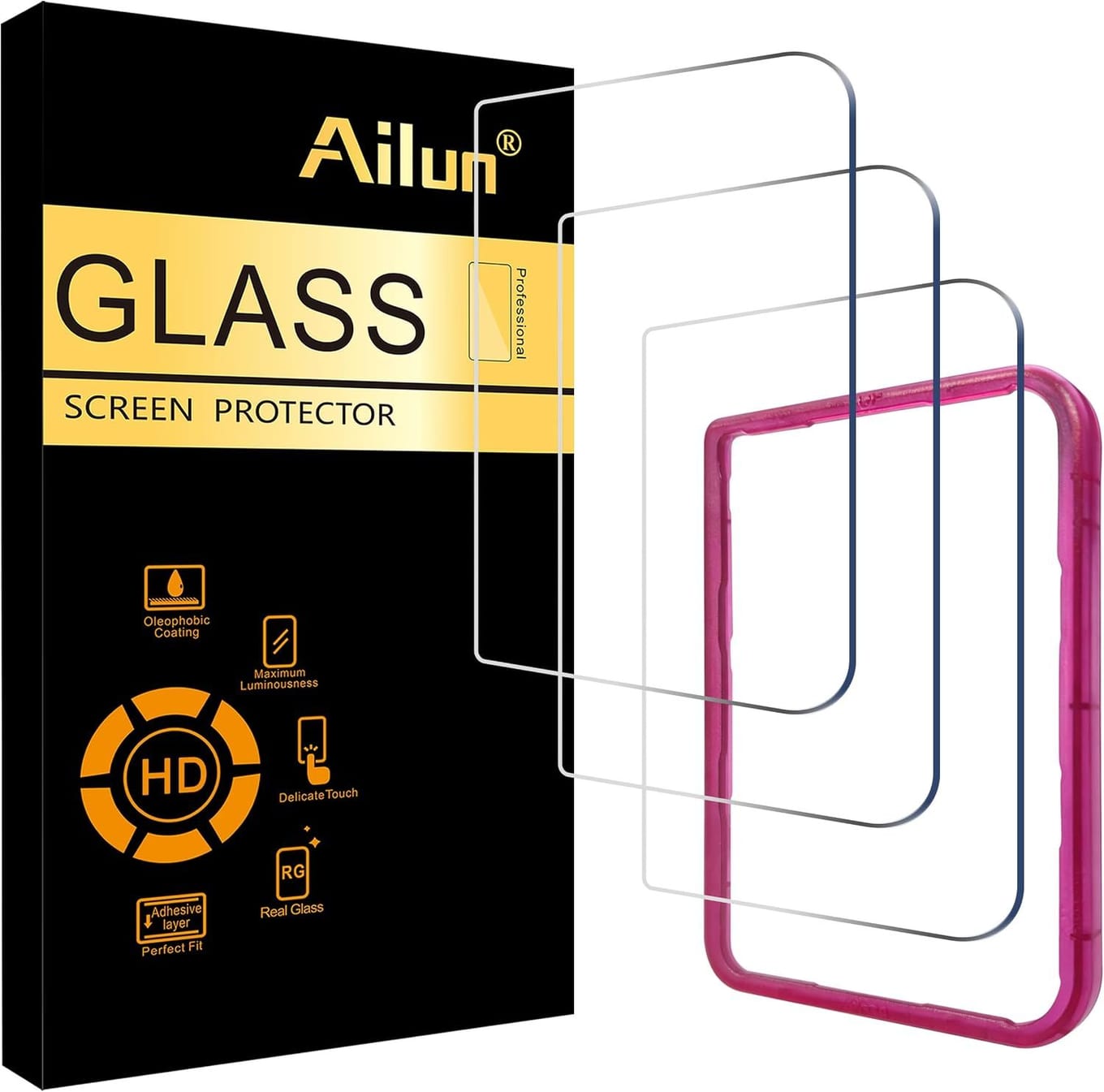 Ailun retail box reading GLASS SCREEN PROTECTOR, with three clear glass sheets fanned out beside it and a pink plastic installation frame in front