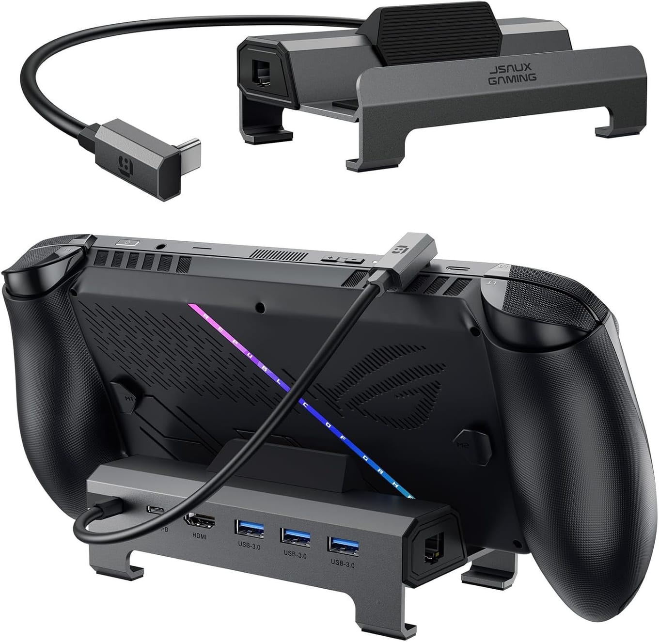 Grey JSAUX dock shown on its own with its short USB-C cable, and again holding a black ROG handheld seen from the back, with USB-C, HDMI, three USB and Ethernet ports along the front of its base
