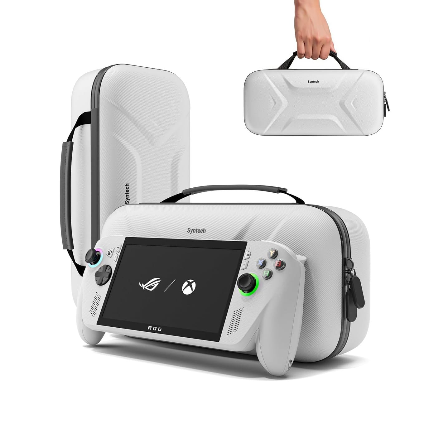 White Syntech hard case, zipped shut, with a white ROG handheld standing in front of it, plus the case standing upright and carried by its handle