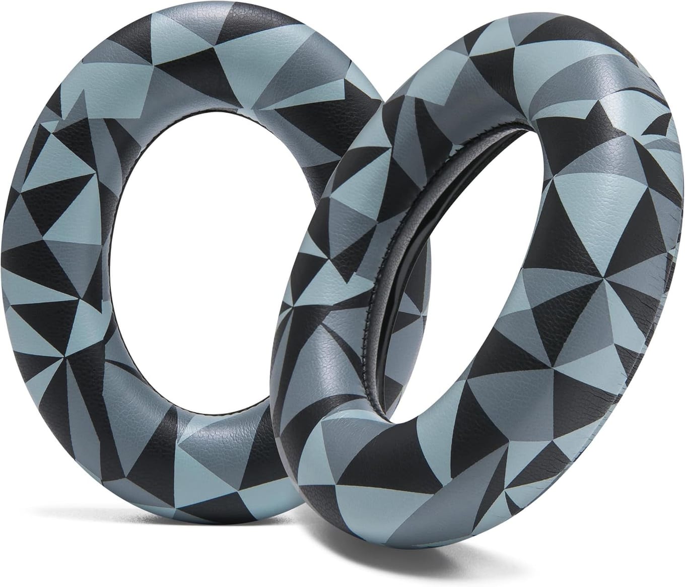 Pair of WC PadZ replacement earpads patterned in grey and black triangles