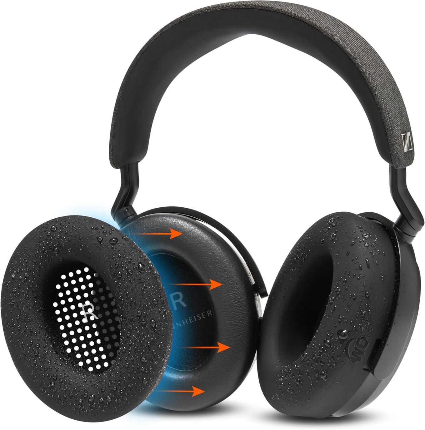 Black WC SweatZ silicone cover beaded with water being slid onto the earpad of a black Sennheiser over-ear headphone