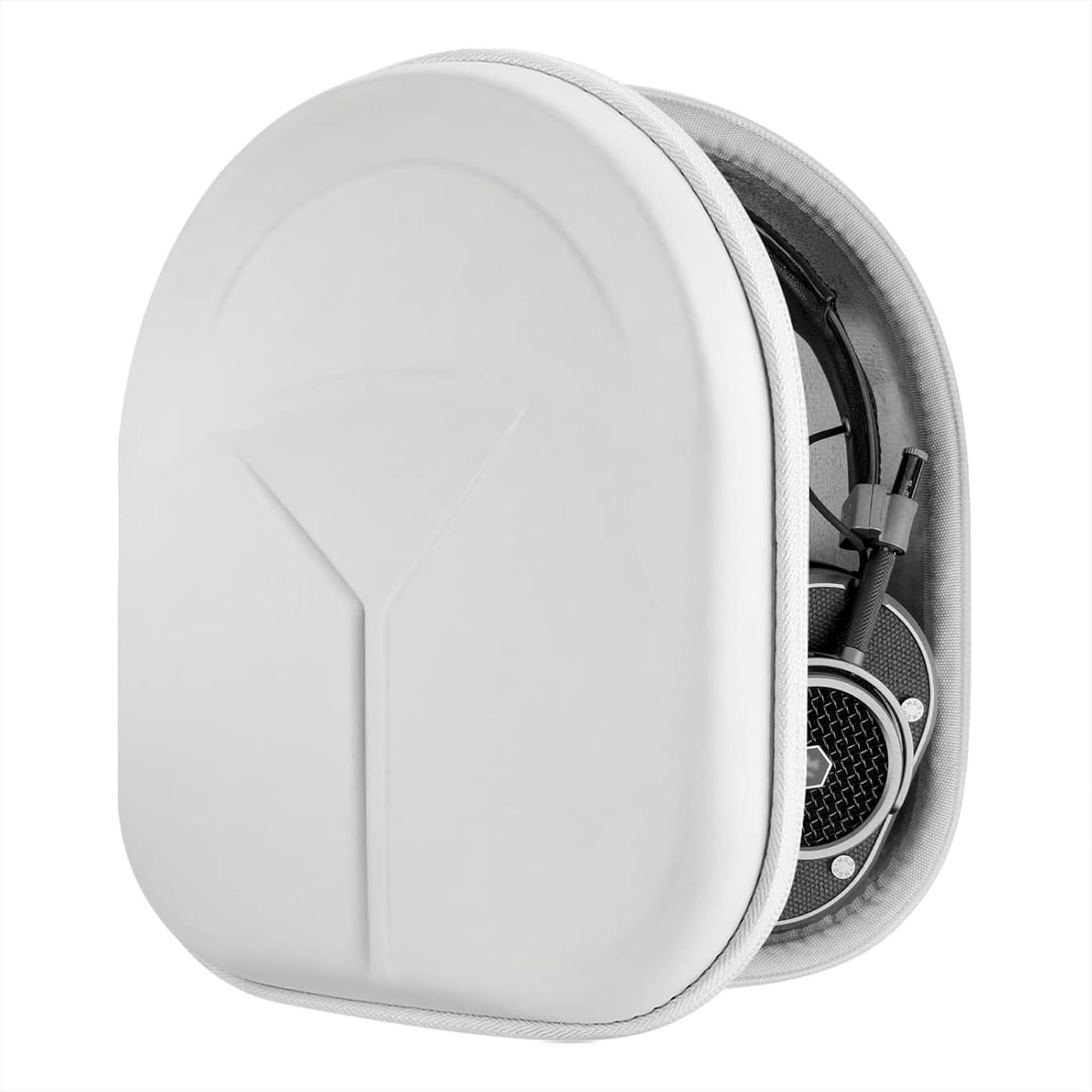 White Geekria Shield hard case part-unzipped, with a headphone and a coiled cable inside