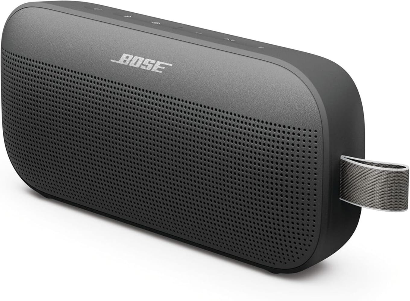Black Bose SoundLink Flex (2nd Gen) speaker at an angle, with a perforated front grille, the Bose logo, buttons along the top and a woven utility loop on one end