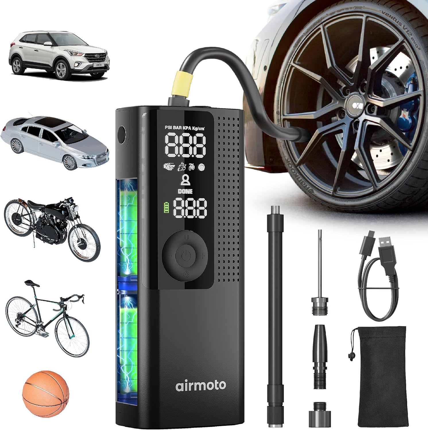 Airmoto Tire Inflator portable air compressor with digital LCD display and compact black housing