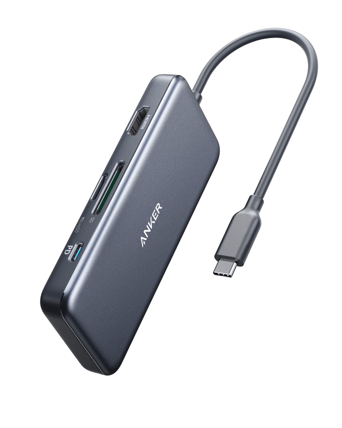 Anker 341 USB-C Hub 7-in-1 with gray aluminum body showing HDMI, USB-A, USB-C, and SD card ports