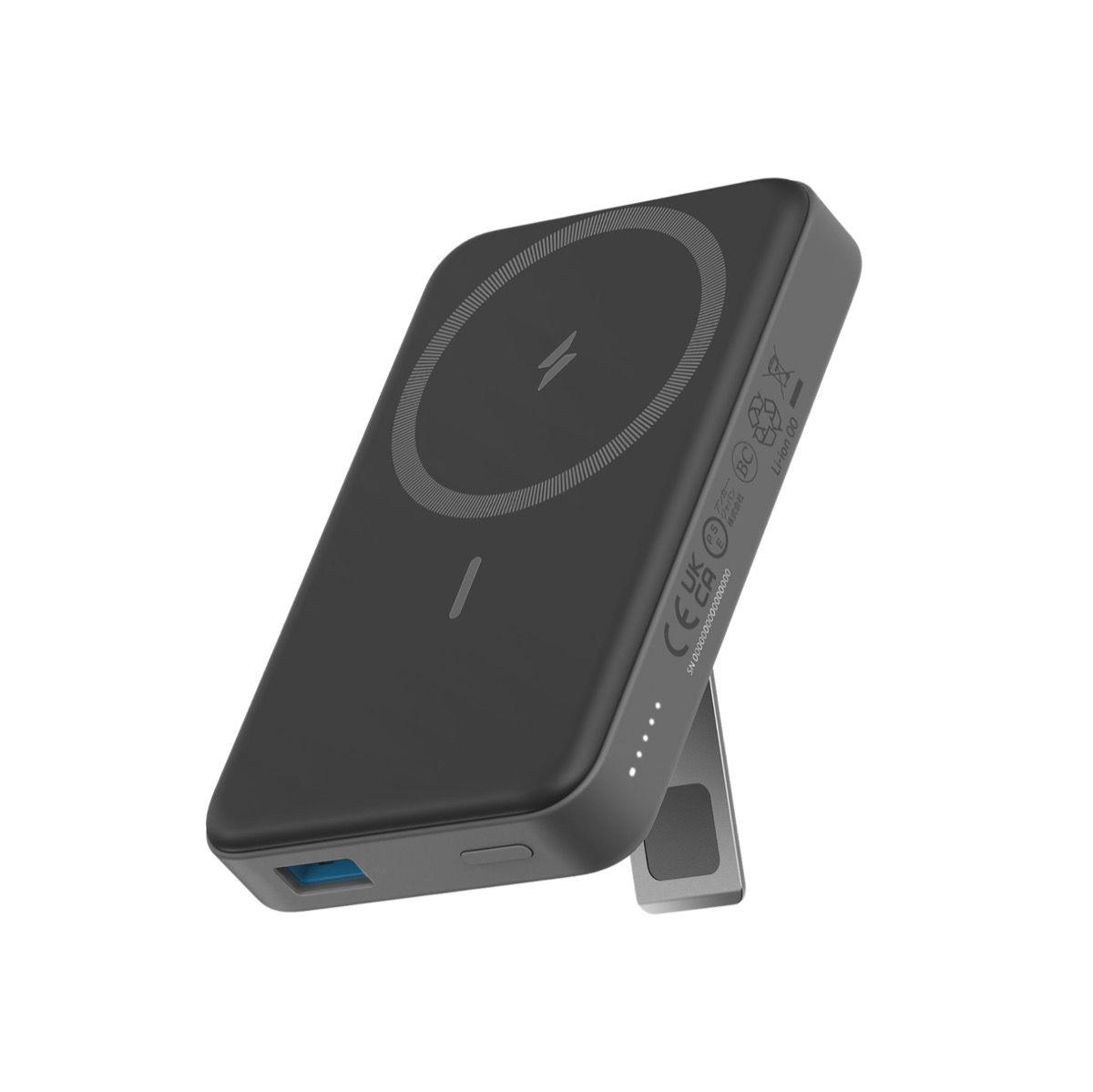 Anker 633 MagGo magnetic power bank in black with foldable kickstand attached to iPhone