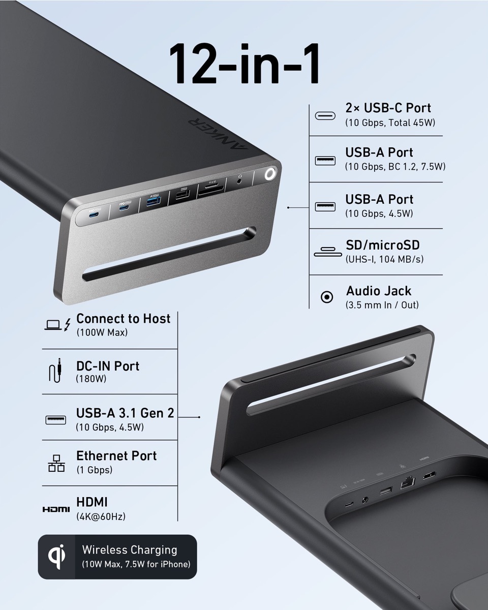 Anker 675 USB-C Docking Station 12-in-1 monitor stand with built-in wireless charging pad and aluminum design