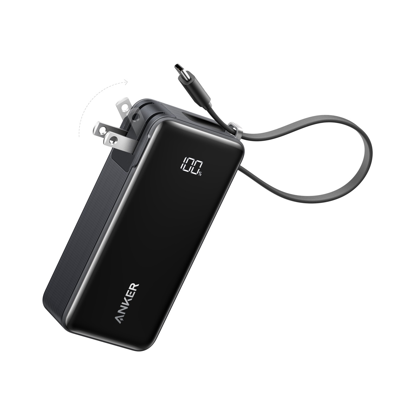 Anker A1637 3-in-1 power bank with foldable wall plug, built-in USB-C cable, and front battery display