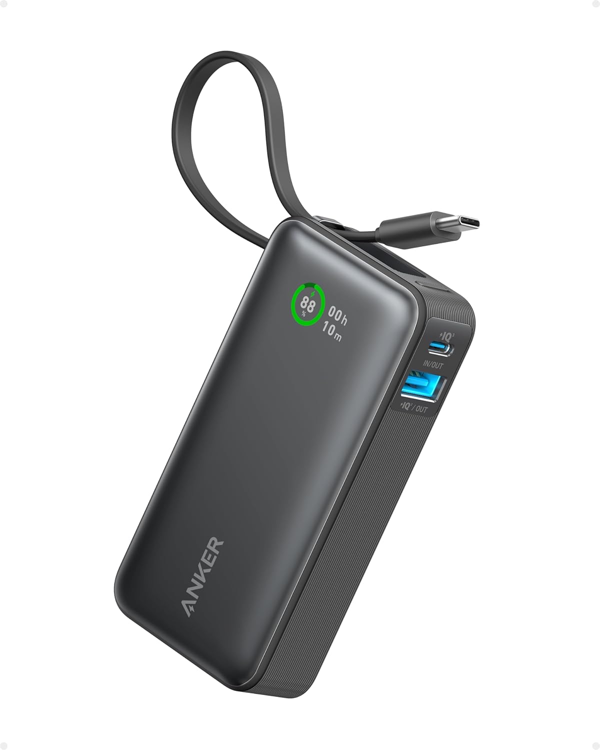 Anker Nano Power Bank 10000mAh portable charger in black with built-in USB-C cable and color display