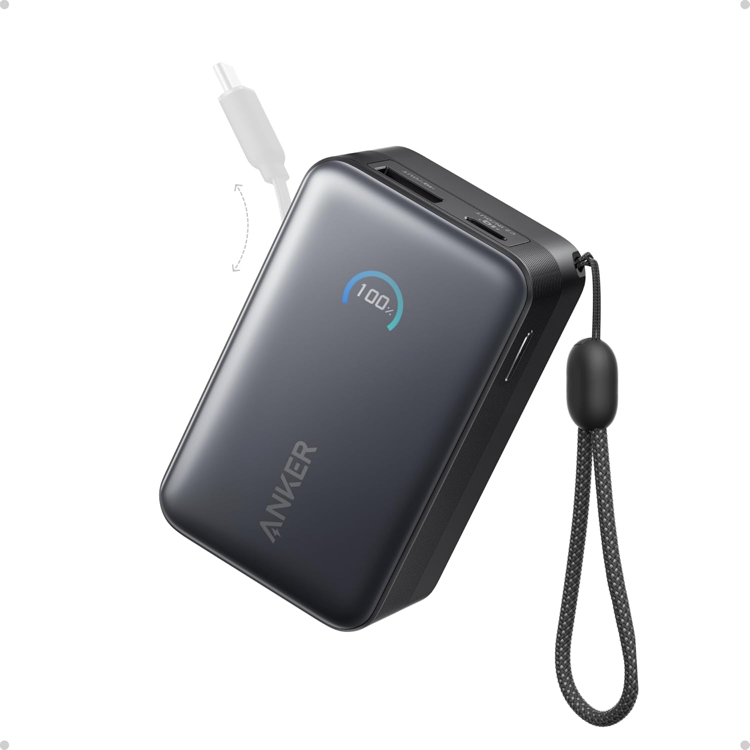 Anker Nano A1638 power bank with retractable USB-C cable in compact black design with LED display
