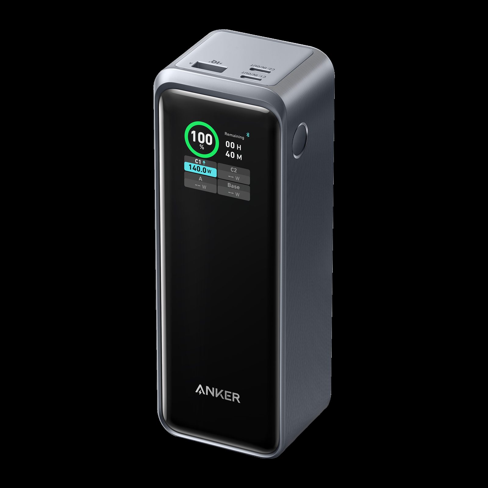 Anker Prime 27,650mAh 250W power bank with front smart display and compact dark rectangular design