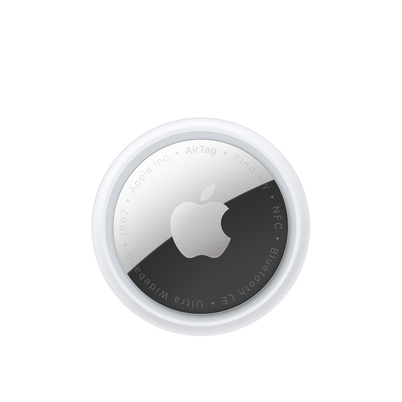 Apple AirTag white circular Bluetooth tracker with polished stainless steel back and Apple logo