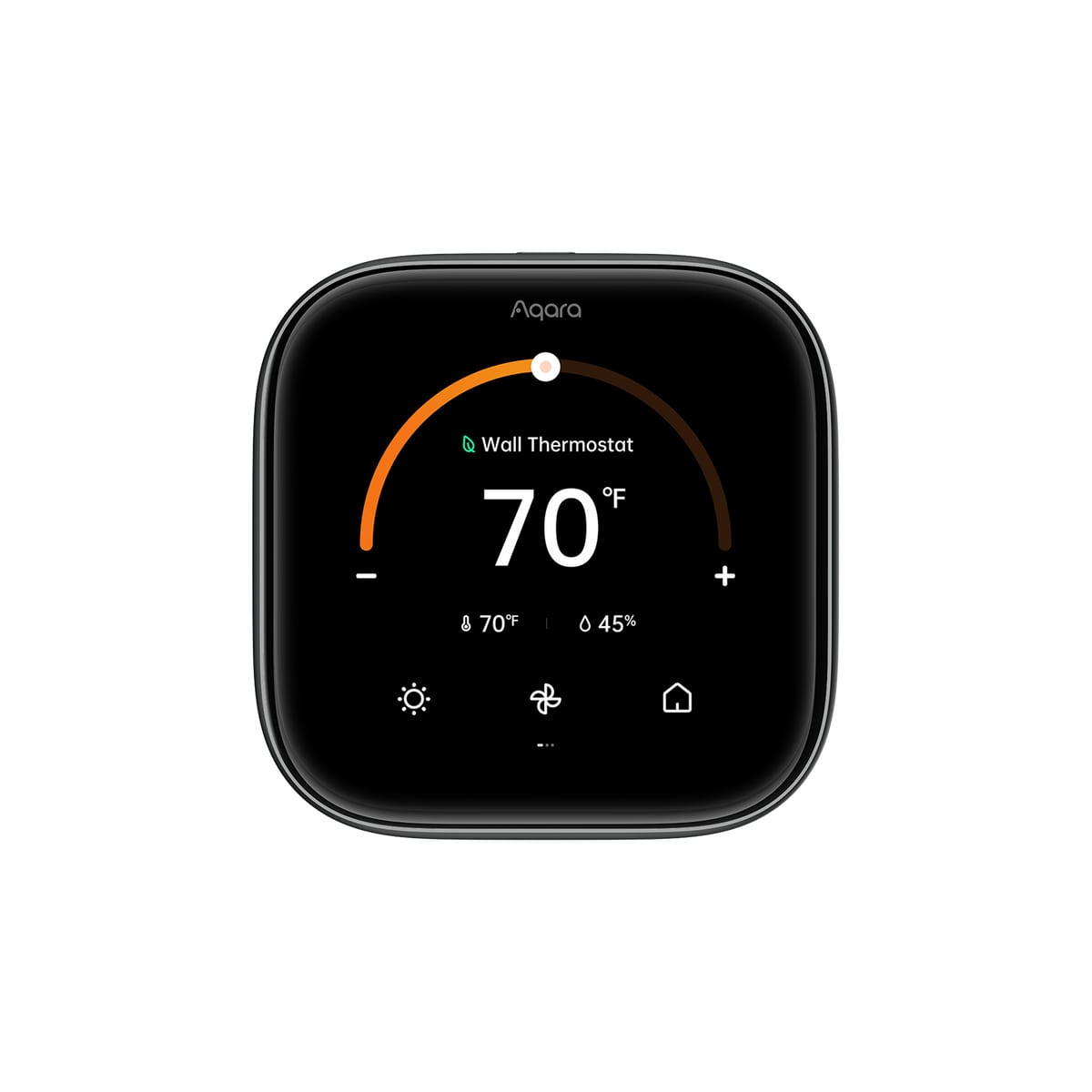 Aqara Thermostat Hub W200 smart thermostat with black 4-inch touchscreen showing 70 degrees on a white background