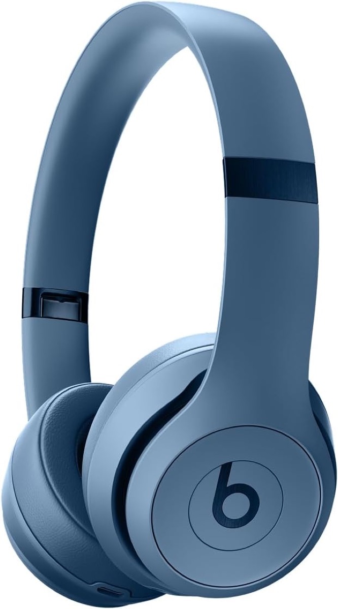 Beats Solo 4 on-ear wireless headphones in Slate Blue with the Beats b logo on the ear cup