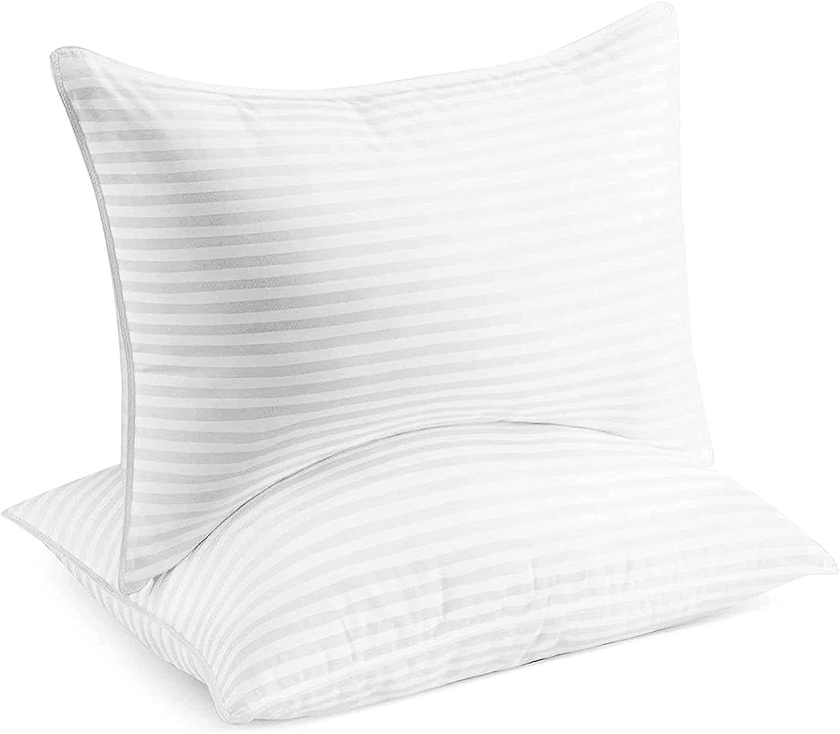 Set of two Beckham Hotel Collection white striped down alternative bed pillows on a clean white background