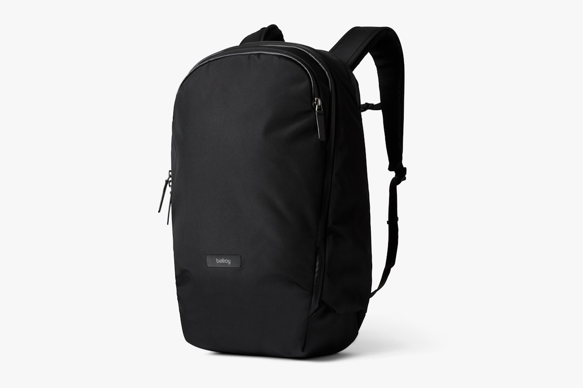 Bellroy Transit Workpack 20L black commuter backpack with structured silhouette, front pocket, and padded shoulder straps