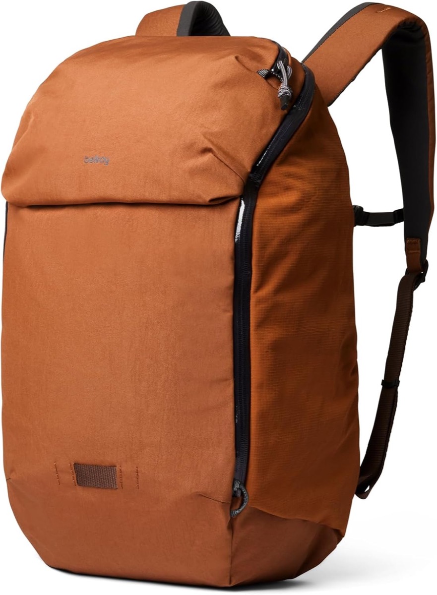 Bellroy Venture Ready Pack 26L travel backpack with structured silhouette, bronze fabric, and external bottle pocket