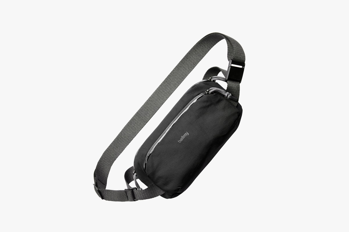 Bellroy Venture Ready Sling 2.5L compact crossbody bag with rounded black shell and adjustable strap