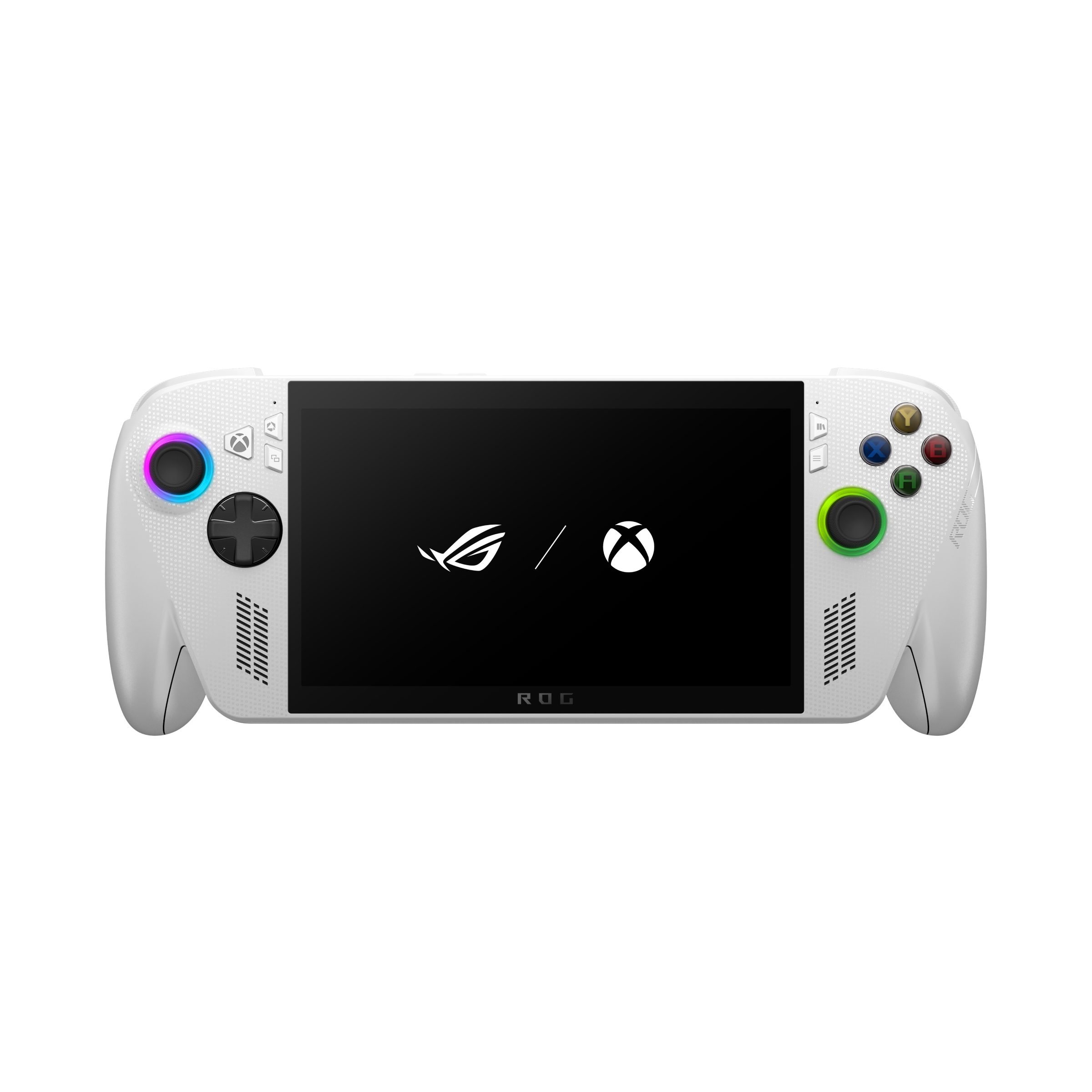 White ROG Xbox Ally handheld seen from the front on white, its black screen showing the ROG eye logo and the Xbox logo side by side, a thumbstick with a coloured light ring on each side, a D-pad at the lower left, X Y A B buttons at the right, and the ROG wordmark below the screen