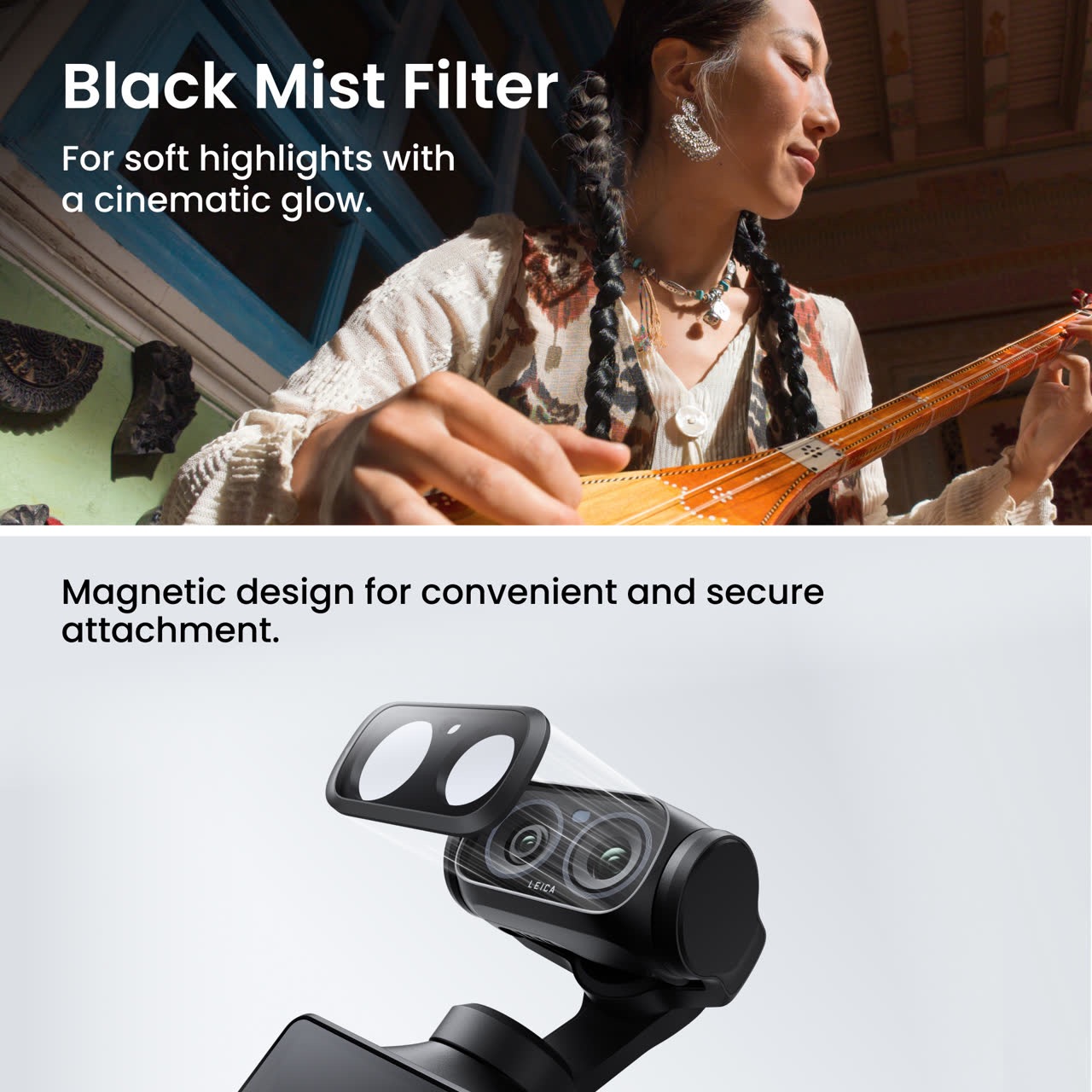 A magnetic Black Mist filter attaching to the dual Leica lenses of the Insta360 Luna Ultra camera