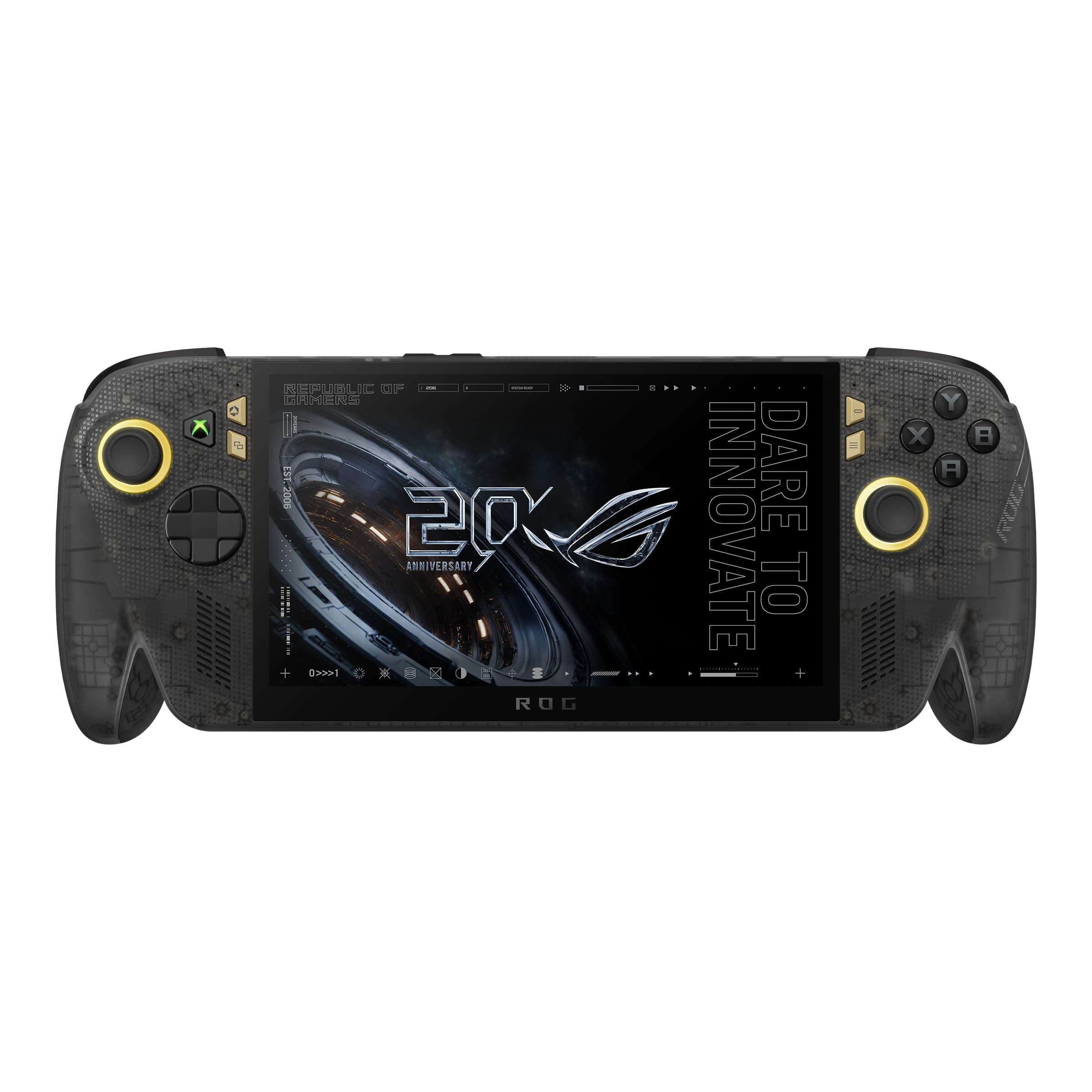 Translucent dark-grey ROG Xbox Ally X20 handheld seen straight from the front on a white background, its wide screen carrying REPUBLIC OF GAMERS at the top left, a large ROG eye logo beside the figures 20 above the word ANNIVERSARY, and DARE TO INNOVATE set vertically at the right, with a gold-ringed thumbstick on each side, a D-pad and a green Xbox button at the lower left, and X Y A B buttons at the right