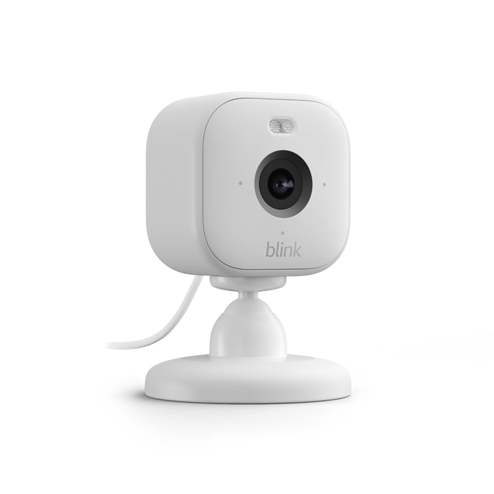 Blink Mini 2 white plug-in smart security camera with built-in spotlight on adjustable stand