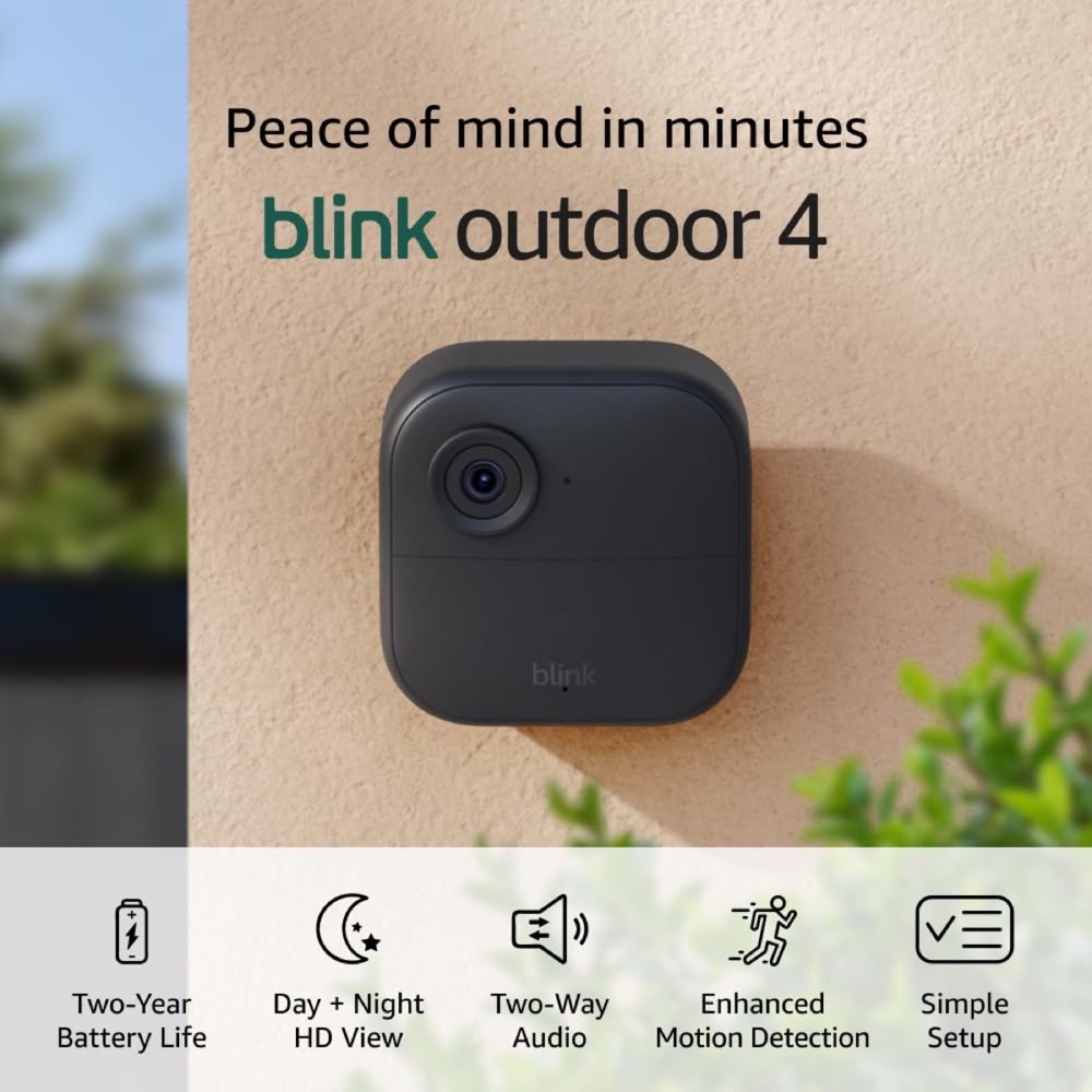 Blink Outdoor 4 wireless security camera mounted on an exterior wall