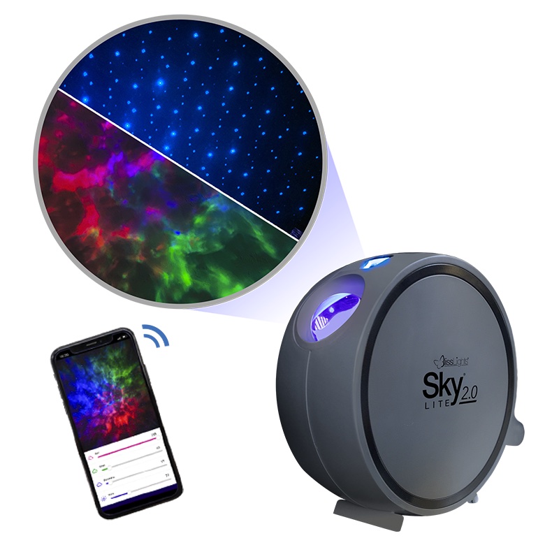 BlissLights Sky Lite 2.0 galaxy projector, a dark gray dome device beside a phone showing the app, projecting blue stars and an RGB nebula cloud