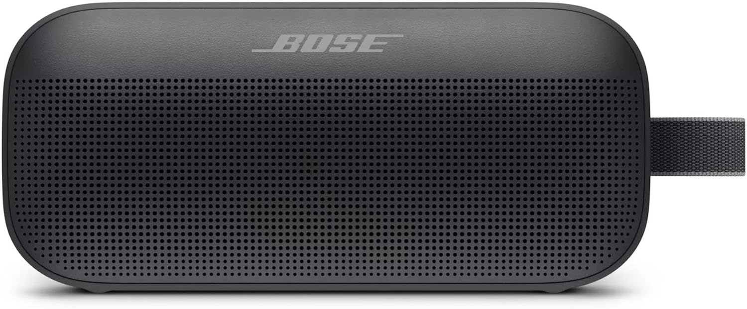 Bose SoundLink Flex portable Bluetooth speaker in black with perforated steel grille and fabric utility loop