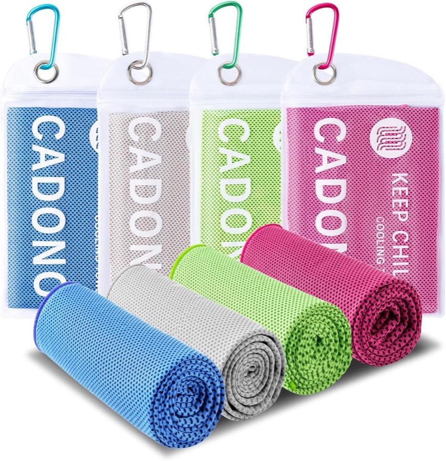 CADONO cooling towels in blue, gray, green, and pink shown rolled up with waterproof carry pouches and carabiner clips