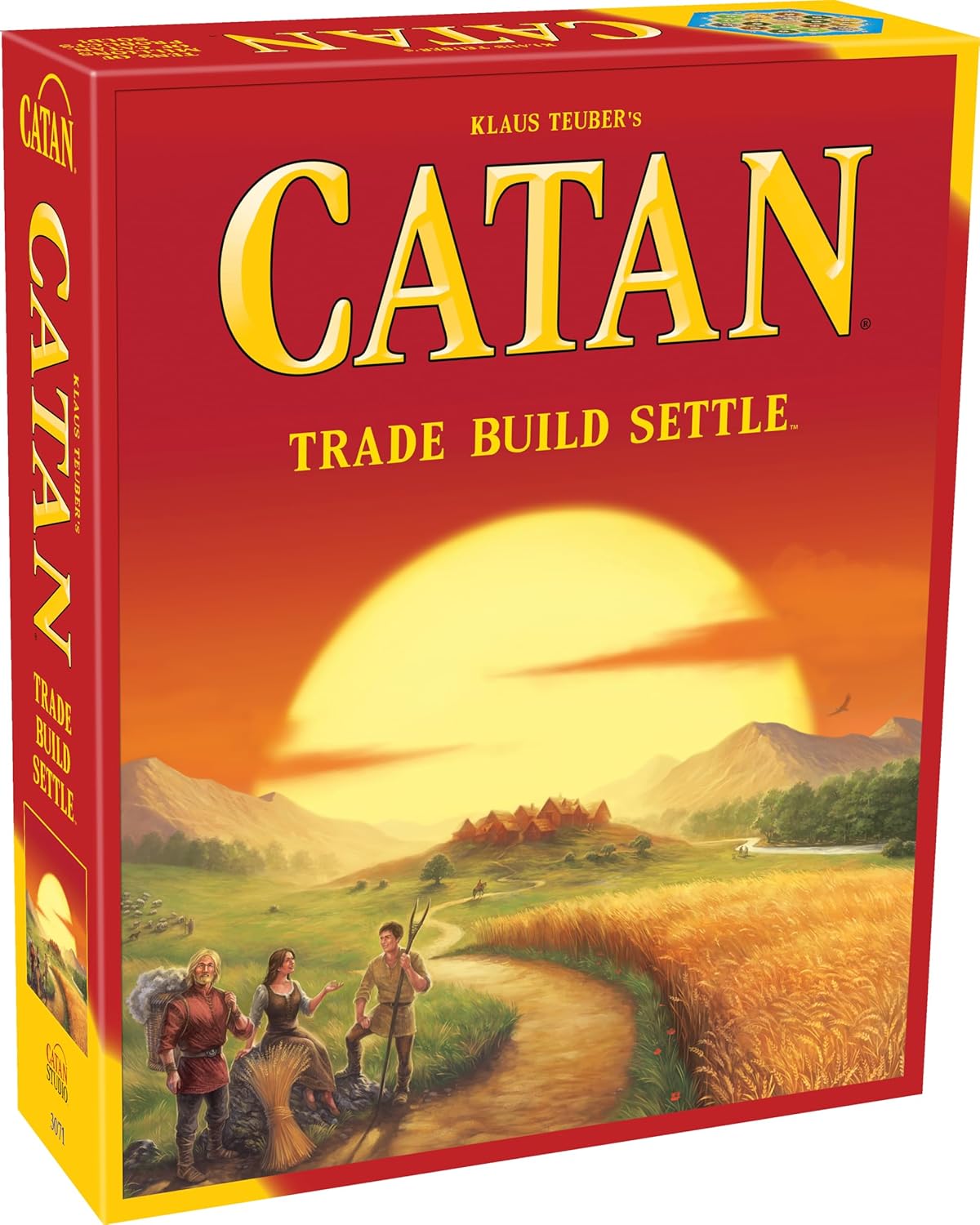 CATAN Board Game base game box by Catan Studio with red Trade Build Settle cover art and sunset Catan landscape