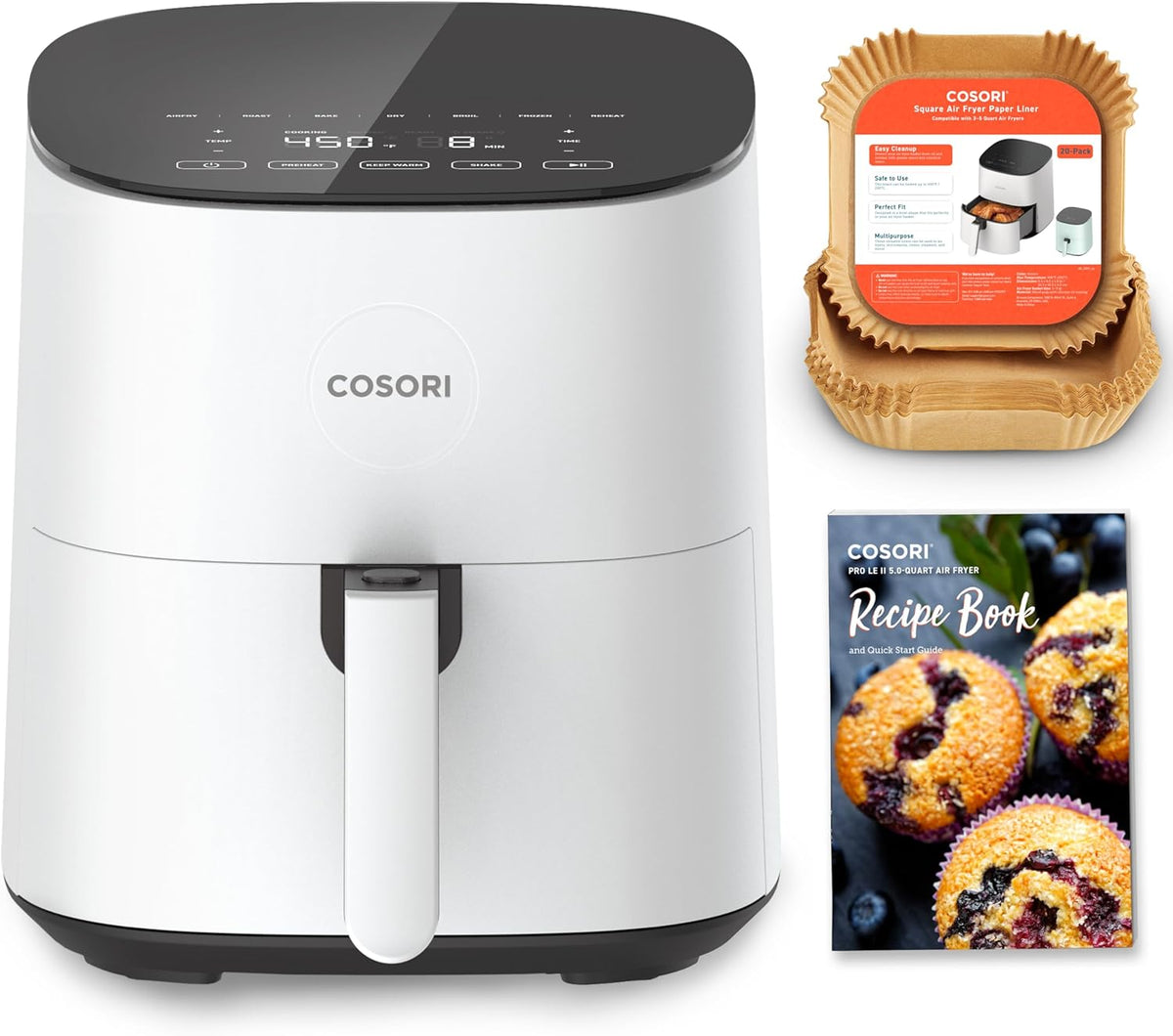 COSORI Pro LE 5-Quart air fryer in white with tempered glass display panel and centered handle