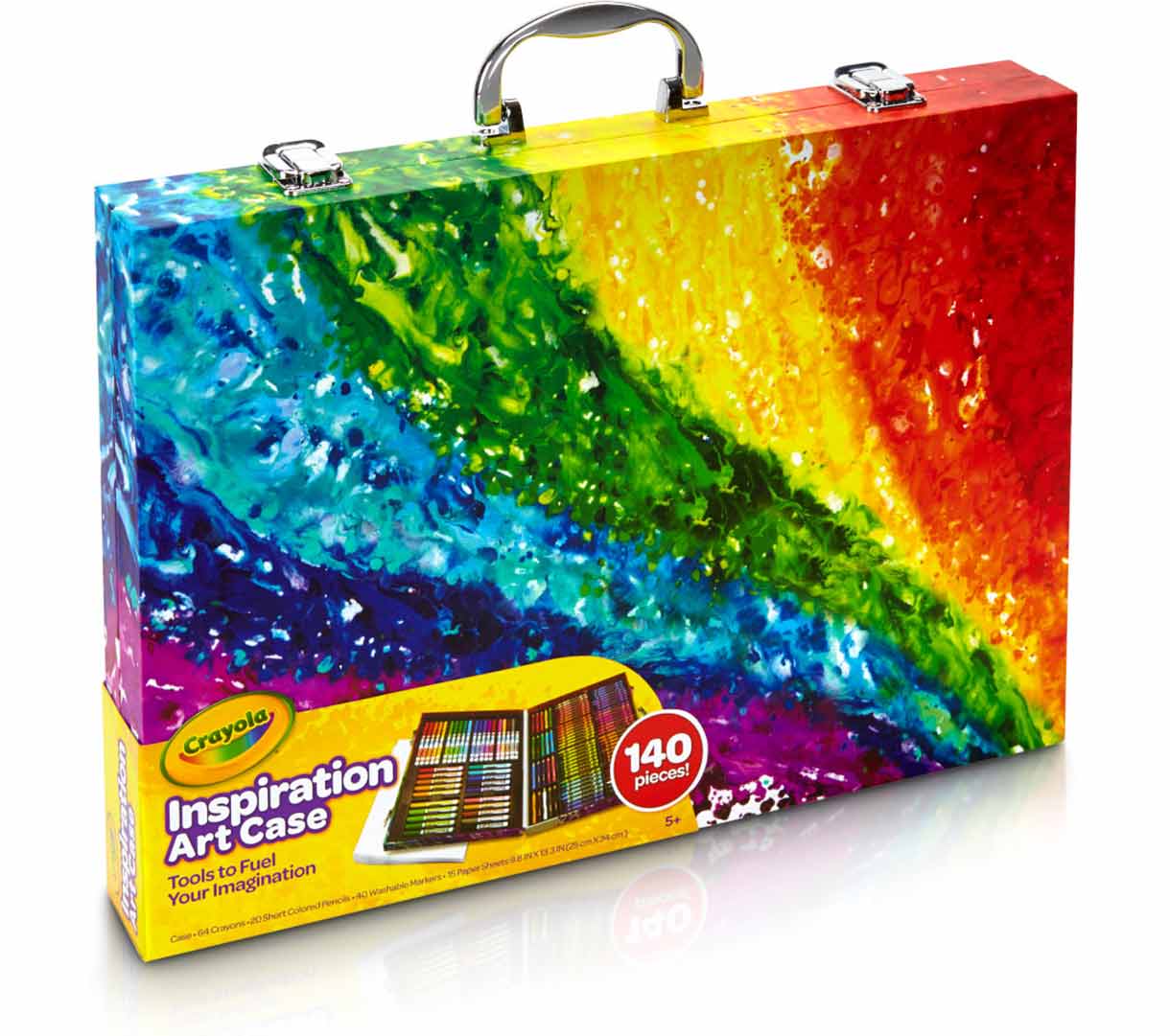 Crayola Inspiration Art Case, a rainbow tie-dye portable art kit with metal locking latches and folding handle, labeled 140 pieces
