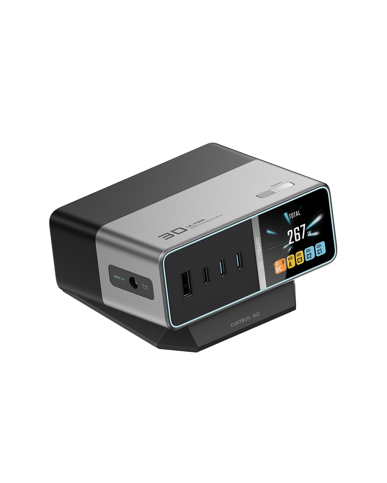 CUKTECH 30 Ultra 300W desktop charging station in silver and black on its angled stand, with the DC jack, USB-A and three USB-C ports across the front panel and a colour power display