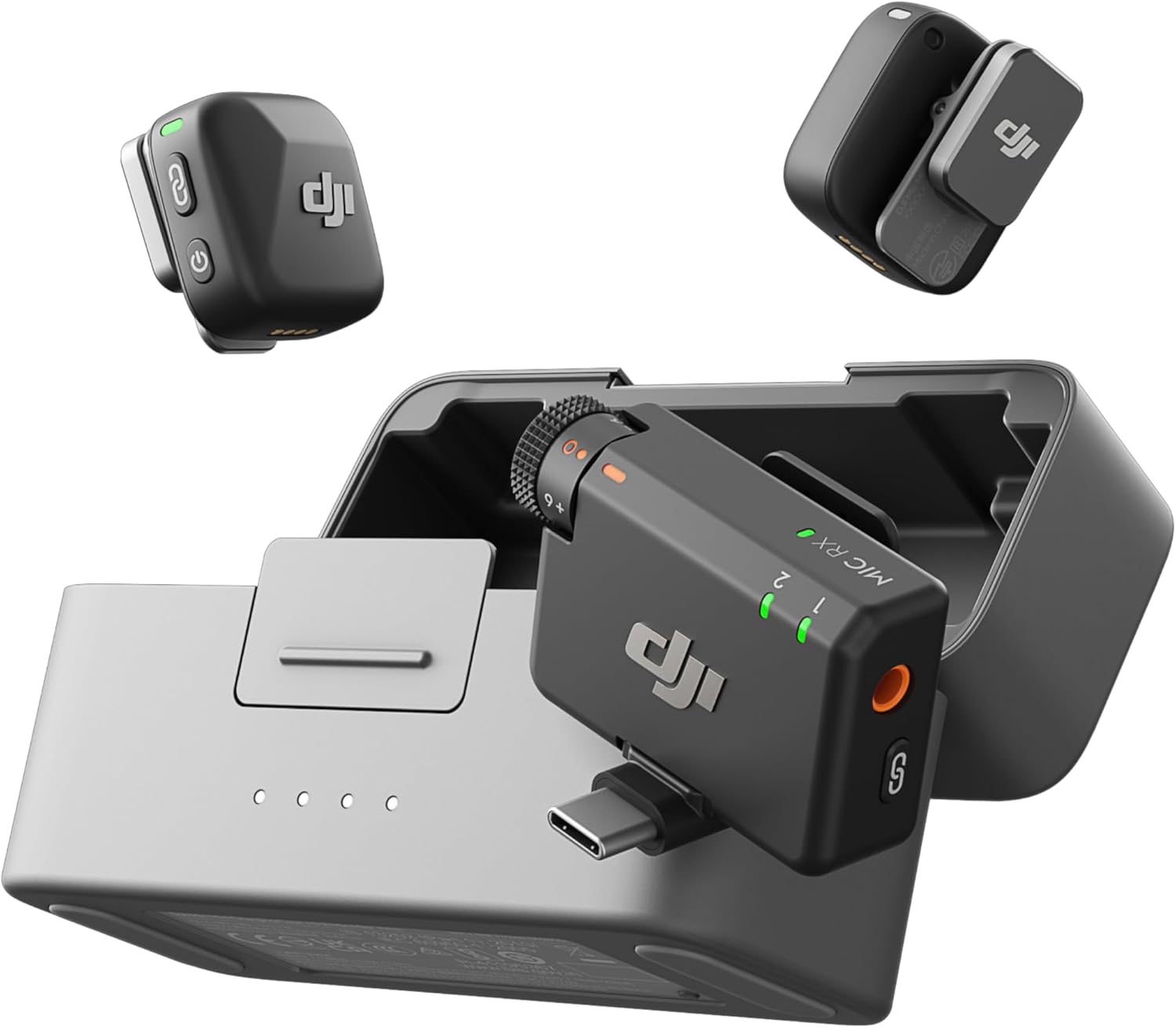 DJI Mic Mini ultralight wireless microphone kit with two transmitters, receiver, and charging case