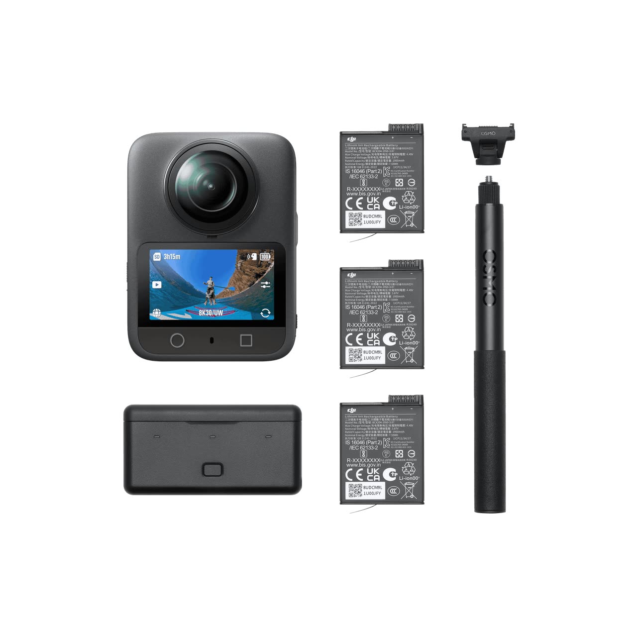 DJI Osmo 360 Adventure Combo 8K camera with three batteries, charging case, and invisible selfie stick